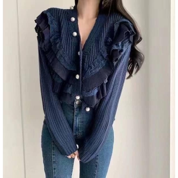 #韓國女裝   🇰🇷波浪蕾絲珍珠釦針織衣-細節圖7