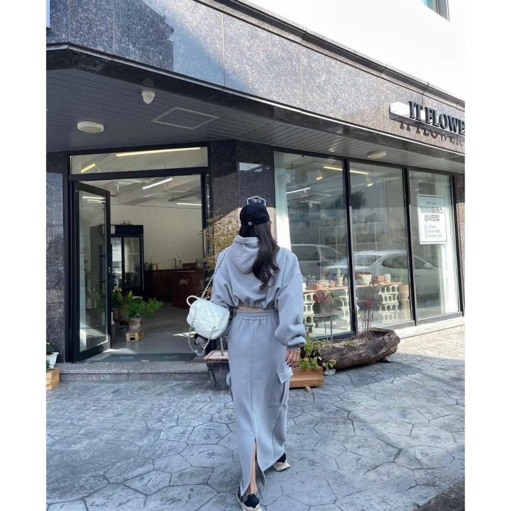 #韓國女裝      🇰🇷 短版帽T+工裝裙SET-細節圖2