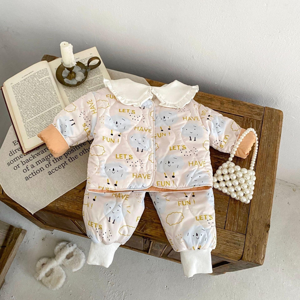 #韓版童裝 #冬季新款 #kids #baby 韓版正反兩穿夾棉護肚套裝-細節圖5