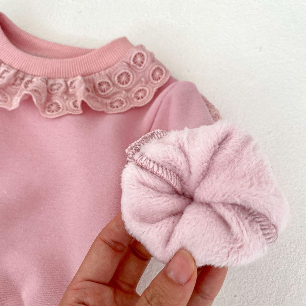 #韓版童裝 #冬季新款 #kids #baby 韓版百搭圓領花邊加絨套裝-細節圖3