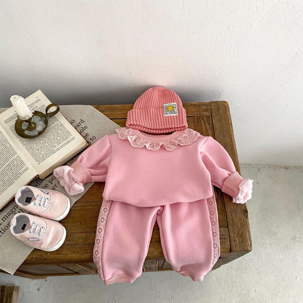 #韓版童裝 #冬季新款 #kids #baby 韓版百搭圓領花邊加絨套裝-細節圖5