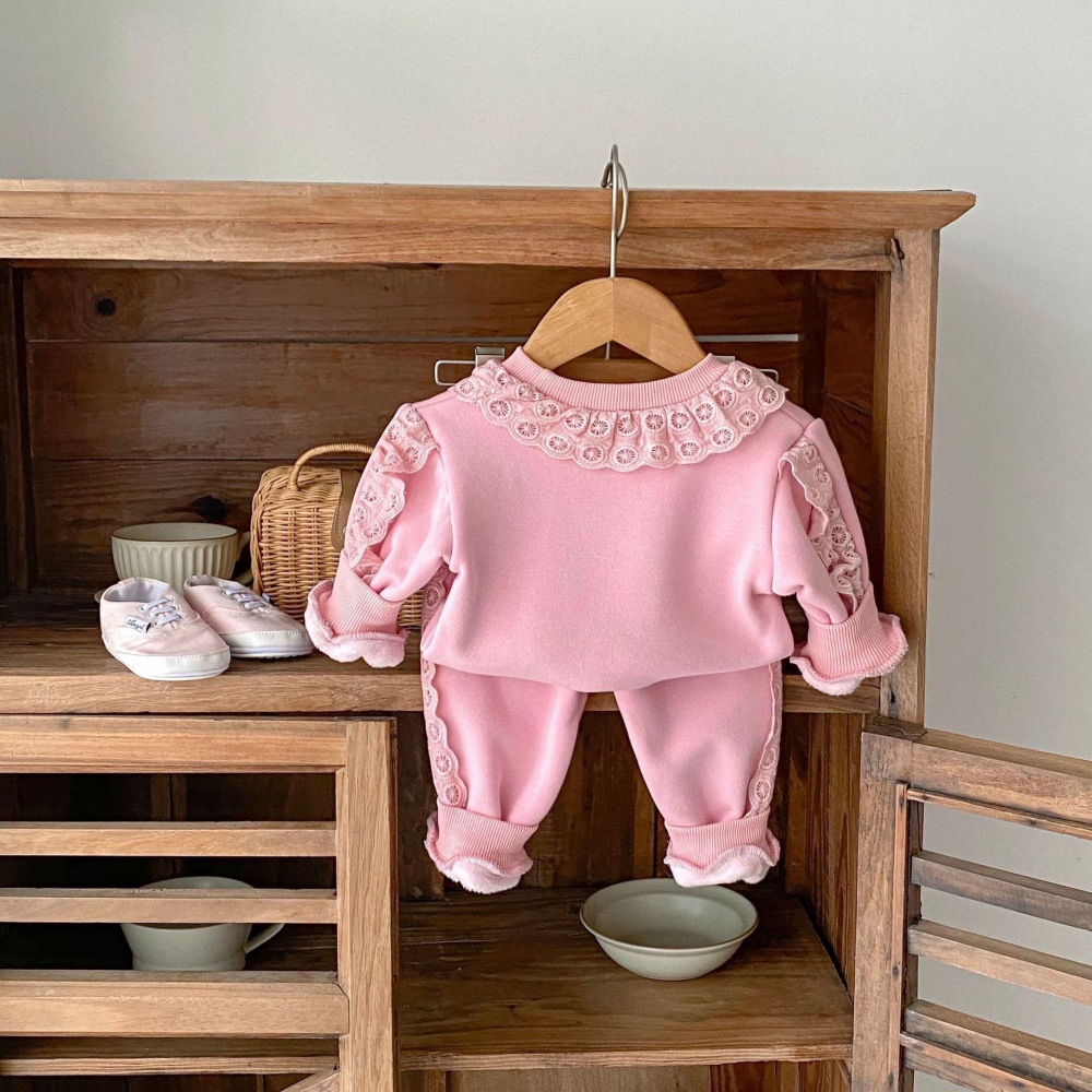 #韓版童裝 #冬季新款 #kids #baby 韓版百搭圓領花邊加絨套裝-細節圖6