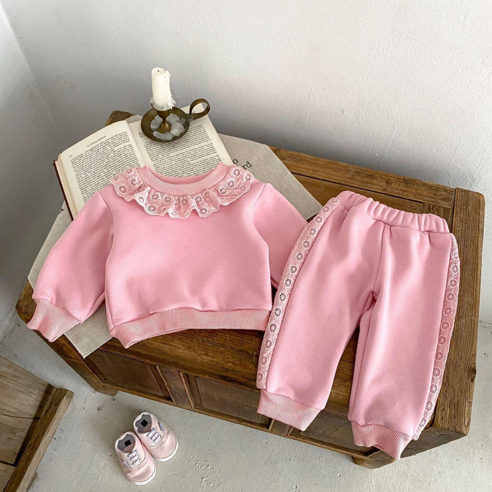 #韓版童裝 #冬季新款 #kids #baby 韓版百搭圓領花邊加絨套裝-細節圖8