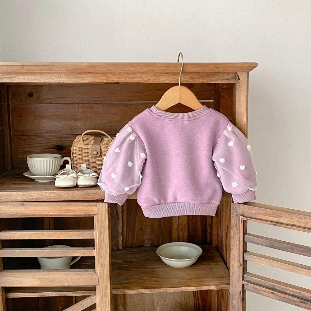 #韓版童裝 #冬季新款 #kids #baby 韓版花朵拼接網紗泡泡袖（加厚）-細節圖2