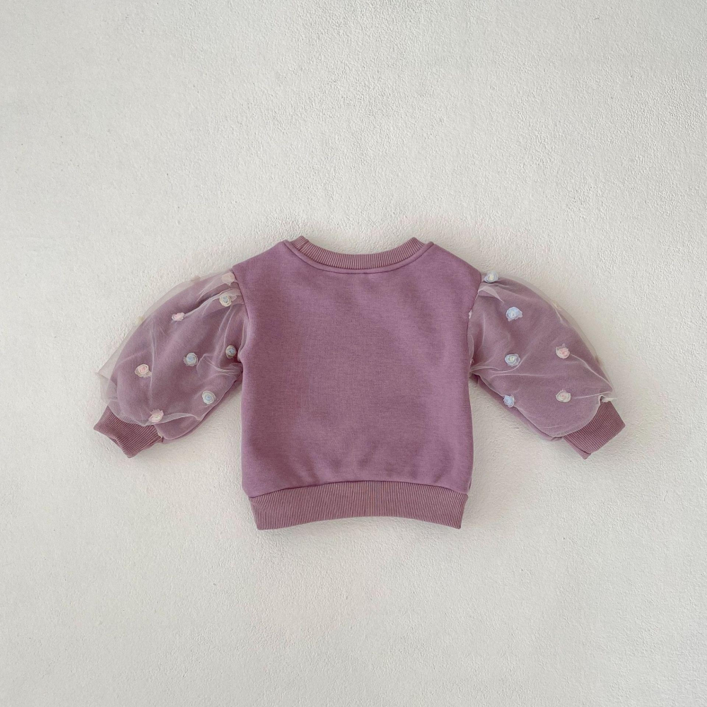 #韓版童裝 #冬季新款 #kids #baby 韓版花朵拼接網紗泡泡袖（加厚）-細節圖4