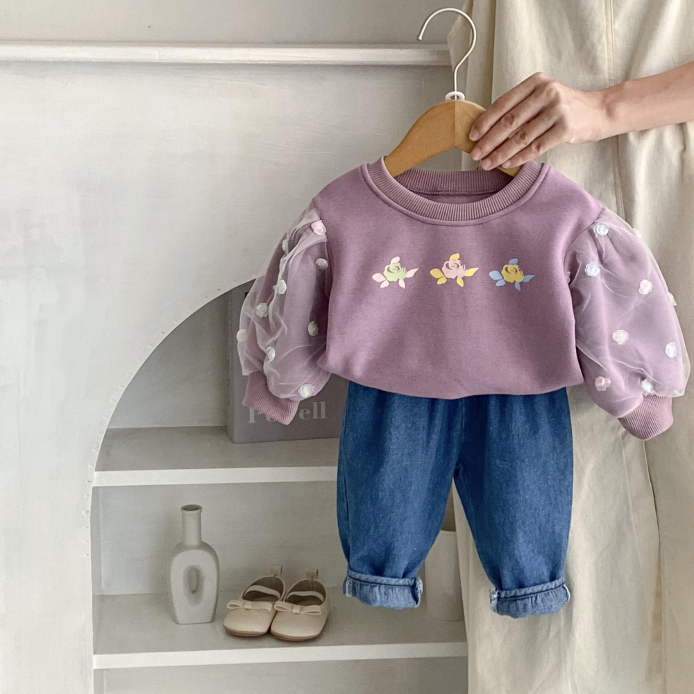 #韓版童裝 #冬季新款 #kids #baby 韓版花朵拼接網紗泡泡袖（加厚）-細節圖6