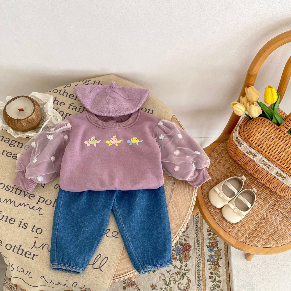 #韓版童裝 #冬季新款 #kids #baby 韓版花朵拼接網紗泡泡袖（加厚）-細節圖7