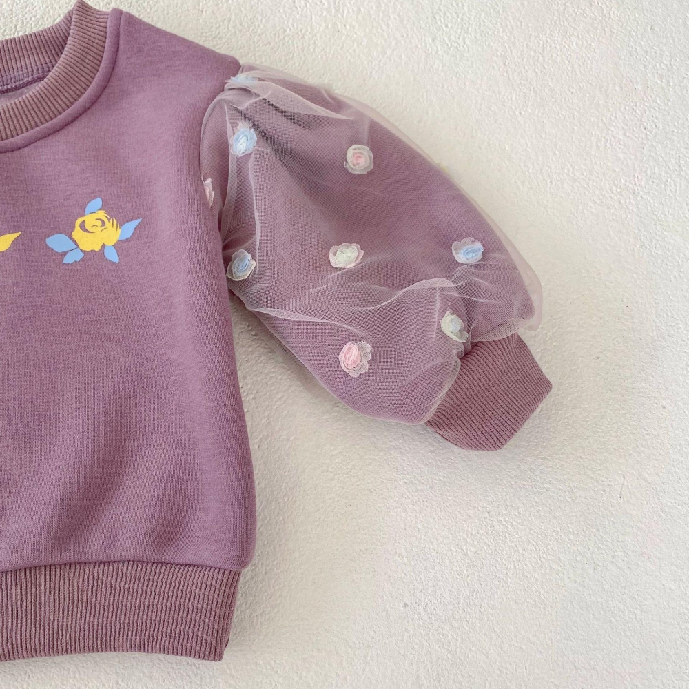 #韓版童裝 #冬季新款 #kids #baby 韓版花朵拼接網紗泡泡袖（加厚）-細節圖9