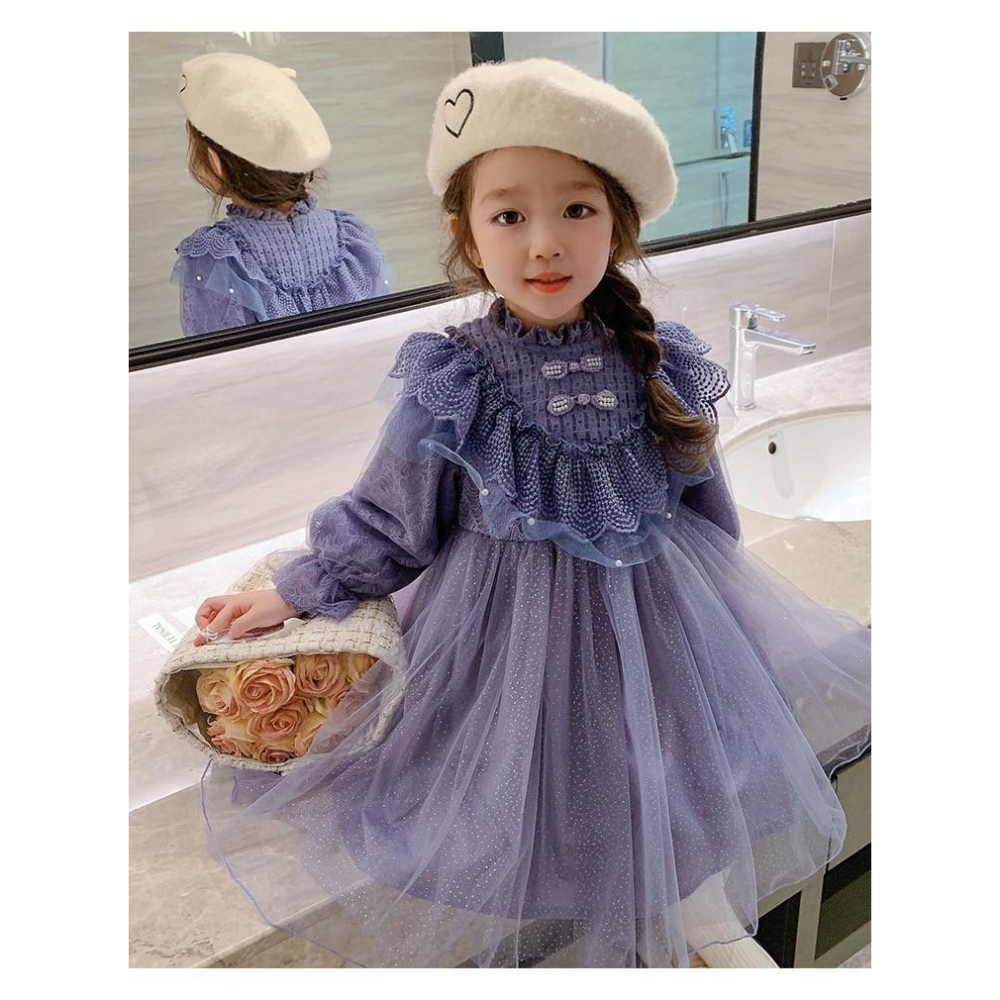 #韓版童裝 #冬季新款    #kids #baby   韓版時尚拼接泡泡袖公主連衣裙-細節圖2