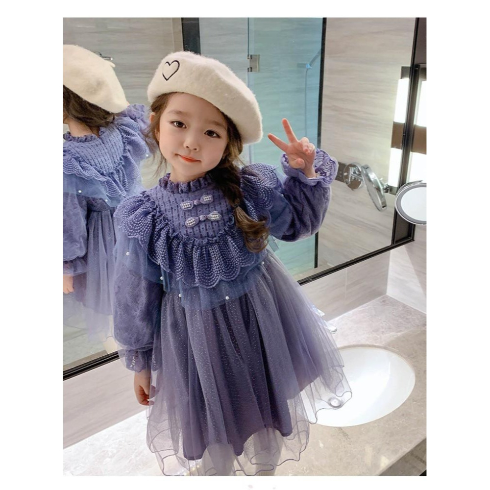 #韓版童裝 #冬季新款    #kids #baby   韓版時尚拼接泡泡袖公主連衣裙-細節圖3