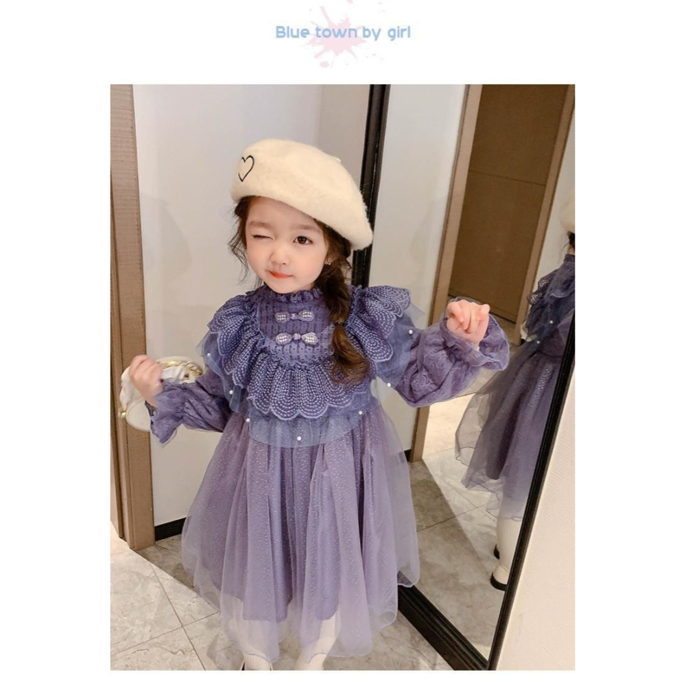 #韓版童裝 #冬季新款    #kids #baby   韓版時尚拼接泡泡袖公主連衣裙-細節圖6