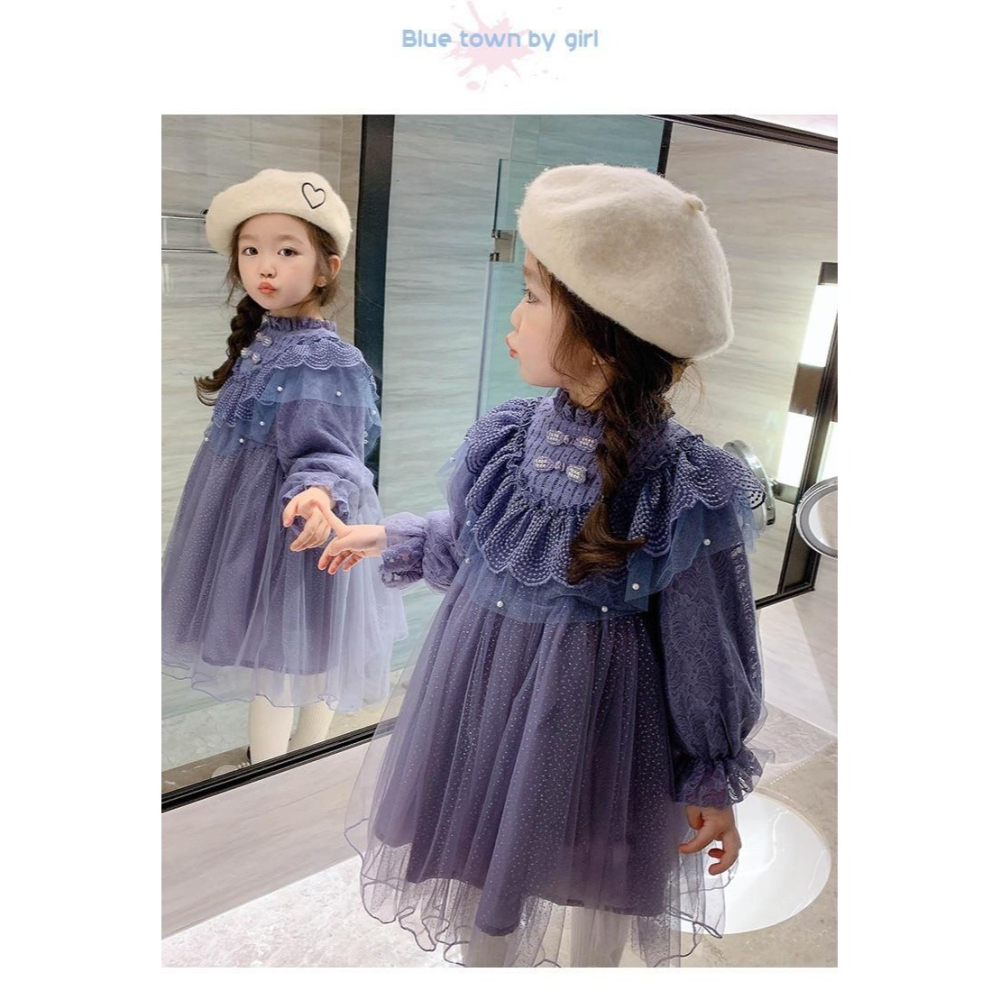 #韓版童裝 #冬季新款    #kids #baby   韓版時尚拼接泡泡袖公主連衣裙-細節圖7