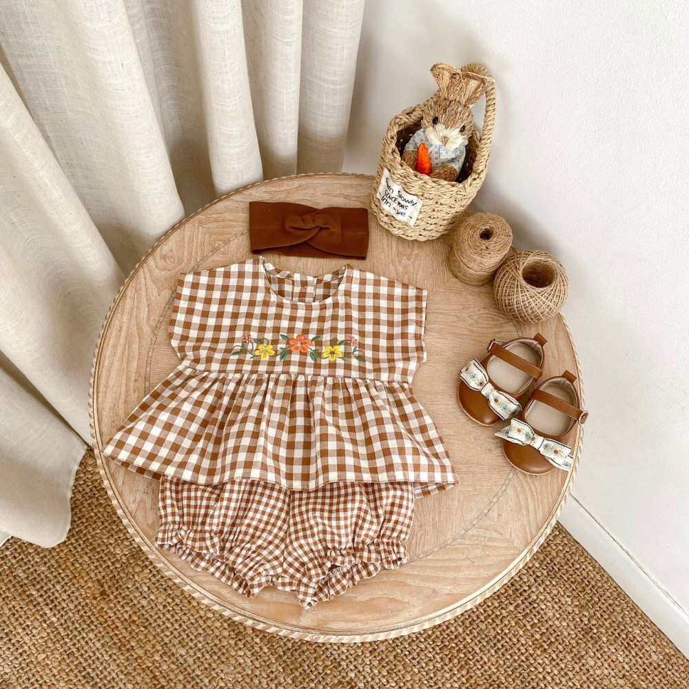 田園格紋小花刺繡套裝 童裝 兒童套裝 寶寶套裝 休閒套裝 女童套裝 女寶套裝-細節圖2