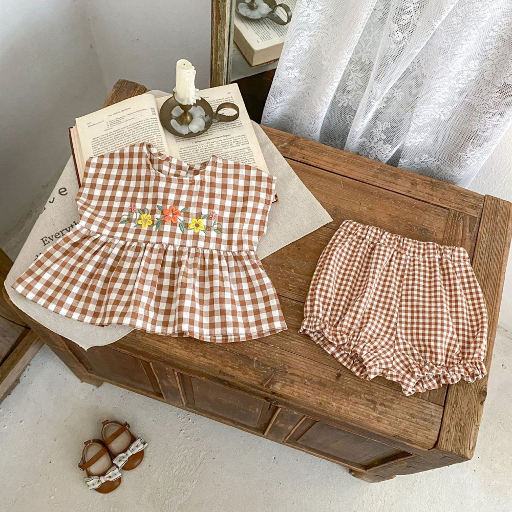 田園格紋小花刺繡套裝 童裝 兒童套裝 寶寶套裝 休閒套裝 女童套裝 女寶套裝-細節圖3