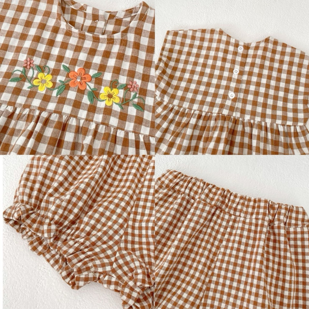 田園格紋小花刺繡套裝 童裝 兒童套裝 寶寶套裝 休閒套裝 女童套裝 女寶套裝-細節圖4