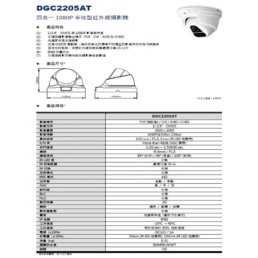 昌運監視器 AVTECH 陞泰 DGC2205AT 四合一 1080P 半球型同軸音頻攝影機 含變壓器-細節圖2