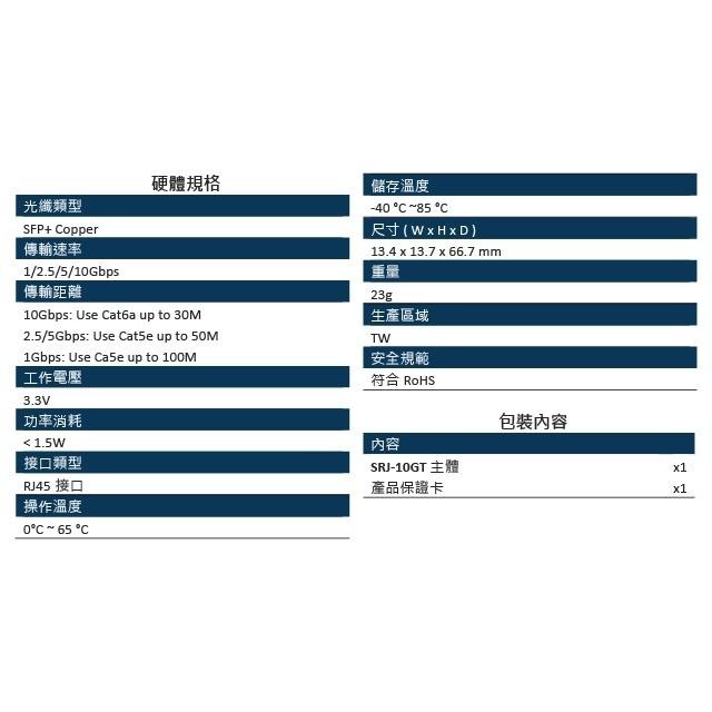 昌運監視器 CERIO 智鼎 SRJ-10GT 銅纜RJ45模組30M 最大傳輸速率可達10Gbpos 採用RJ45接口-細節圖3