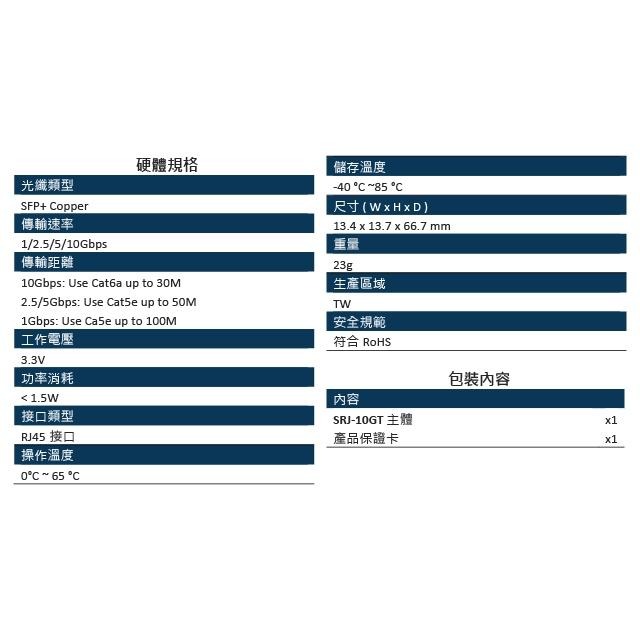 昌運監視器 SRJ-10GT 銅纜RJ45模組30M 最大傳輸速率可達10Gbpos 採用RJ45接口-細節圖3