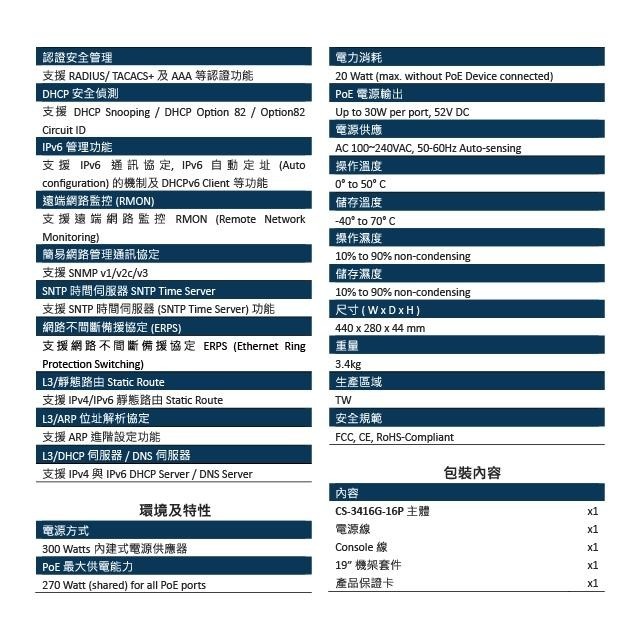 昌運監視器 CS-3416G-16P 4埠+16埠 10/100/1000Mbps PoE 加強管理型網路交換器-細節圖4