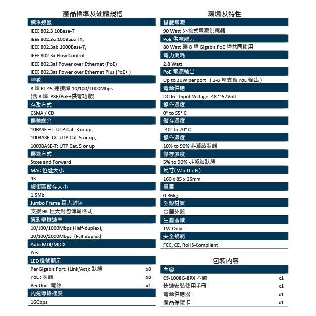 昌運監視器 CS-1008G-8PX(CS-1008G-8P A3) 8埠 10/100/1000Mbps 網路交換器-細節圖3