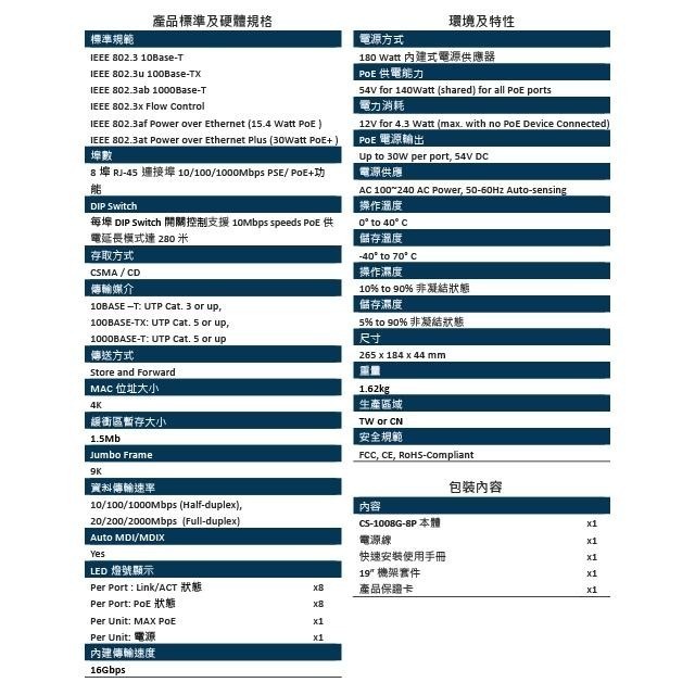 昌運監視器 CERIO 智鼎 CS-1008G-8P 8埠 Gigabit PoE+ 網路交換器-細節圖3