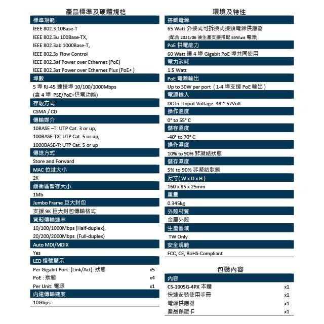 昌運監視器 CS-1005G-4PX 5埠 10/100/1000Mbps Gigabit 4埠 PoE+ 網路交換器-細節圖3