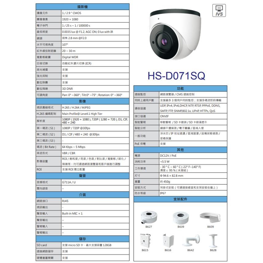 昌運監視器 昇銳 HS-D071SQ 200萬 紅外線半球網路攝影機 PoE 夜視20-30M IP67 (以新款出貨)-細節圖2