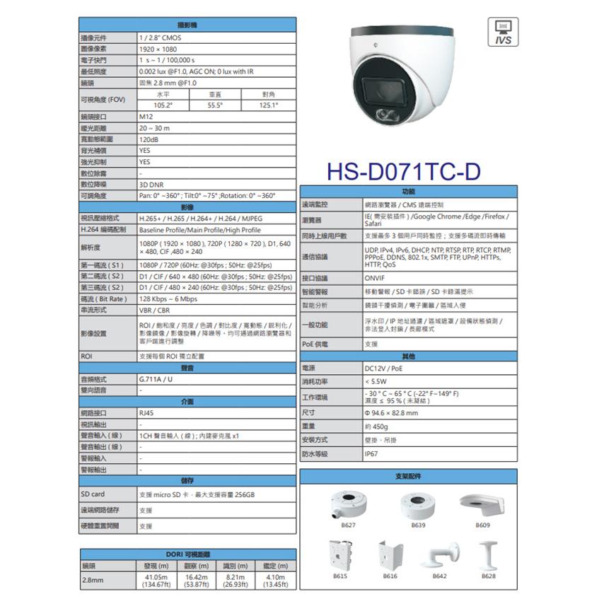 昌運監視器 昇銳 HS-D071TC-D 200萬 全彩紅外線半球網路攝影機 內建麥克風 紅外線20-30M-細節圖2