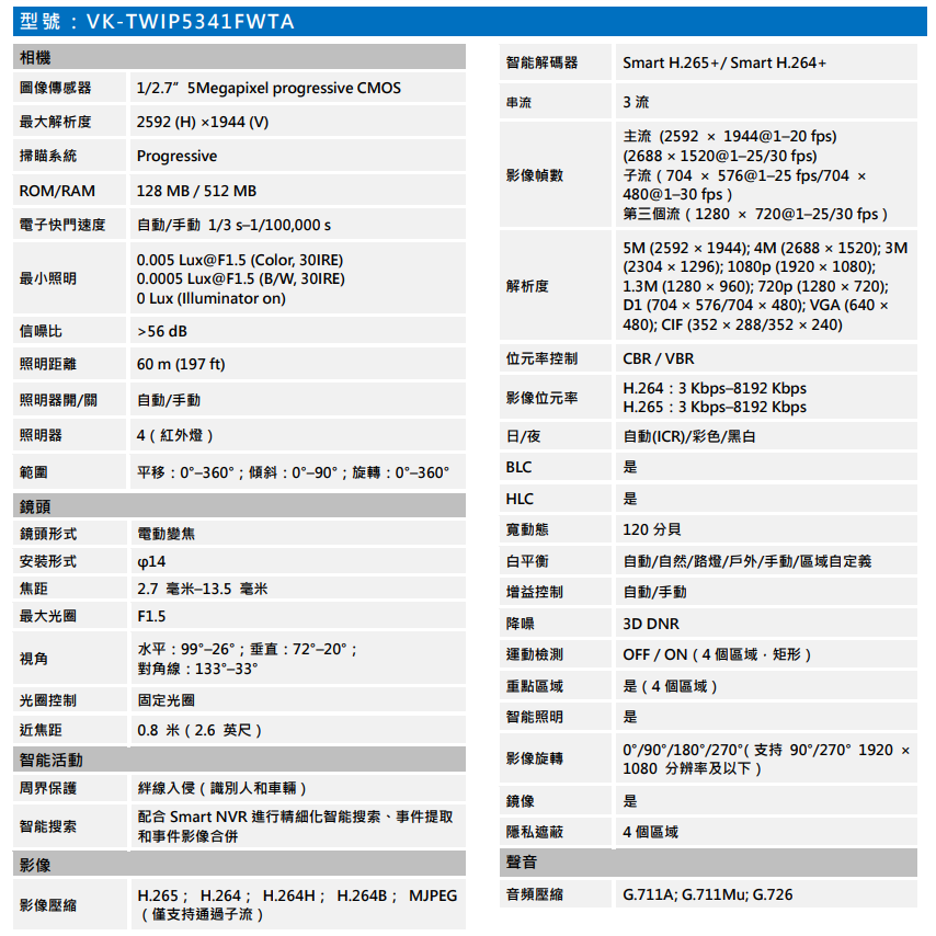 昌運監視器 SAMPO聲寶 VK-TWIP5341FWTA 5MP IR 星光級 電控變焦 槍型攝影機-細節圖2