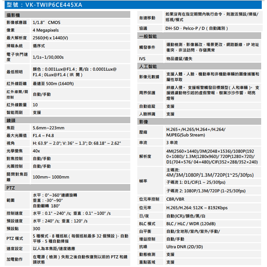 昌運監視器 SAMPO聲寶 VK-TWIP6CE445XA  4MP  45倍星光級紅外線  PTZ 網路攝影機-細節圖2