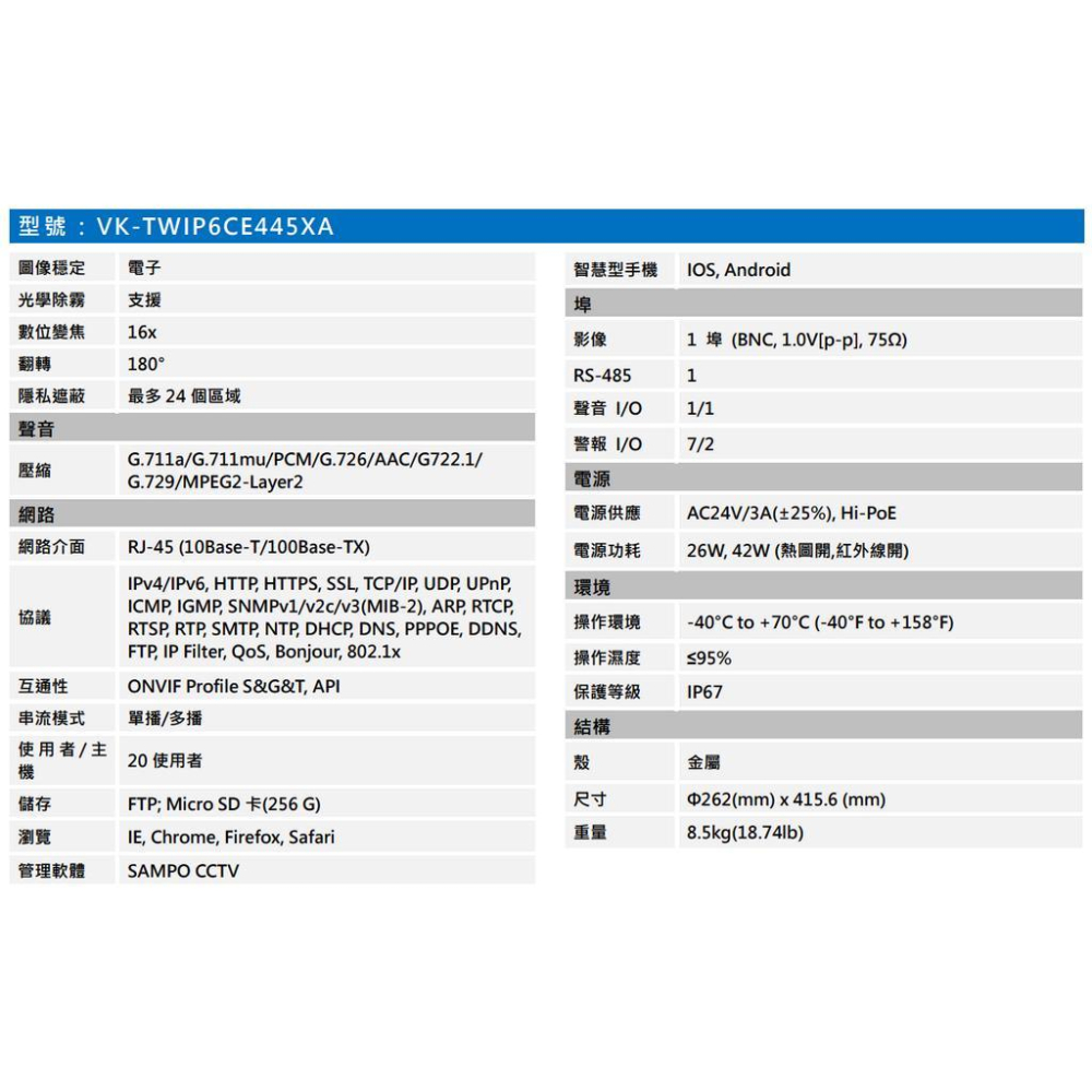 昌運監視器 SAMPO聲寶 VK-TWIP6CE445XA  4MP  45倍星光級紅外線  PTZ 網路攝影機-細節圖3