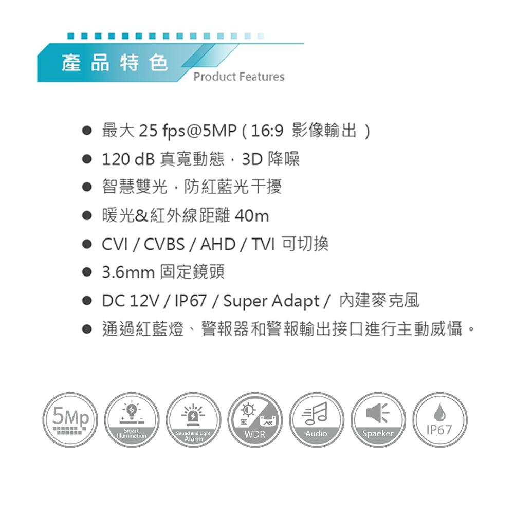 昌運監視器 DJS-DHA509H-A-PV  智慧雙光警報500萬聲音球型攝影機 監視器 內建麥克風 智慧雙光-細節圖2