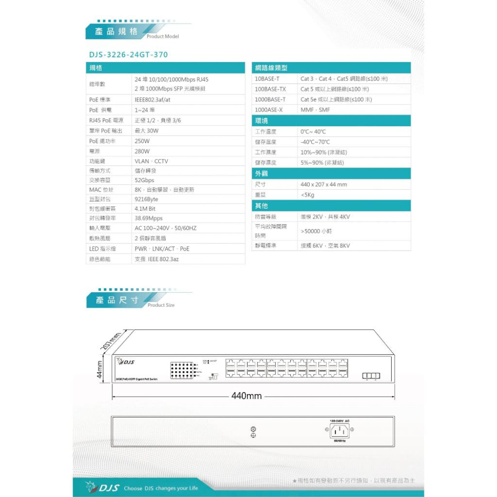 昌運監視器 DJS-3226-24GT-370 24埠 10/100/1000Mbps GE PoE網路交換器 監控專用-細節圖3