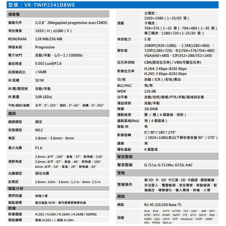 昌運監視器 SAMPO聲寶 VK-TWIP2341DBWE 2MP 紅外線 星光級 半球型 網路攝影機-細節圖2