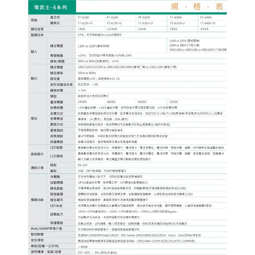 昌運監視器 飛碟 電武士 FT-620H(FT-6020) 在線式 2000VA 110V UPS 不斷電系統-細節圖2