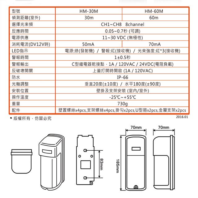 昌運監視器 環名 HM-30M 30M 雙光束紅外線對照器 紅外線偵測器 8光束頻率-細節圖3