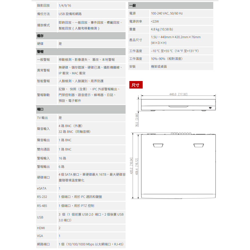 昌運監視器 SAMPO聲寶 DR-TW4532L 32路 五合一 1.5U 4HDDs XVR 錄影主機-細節圖3