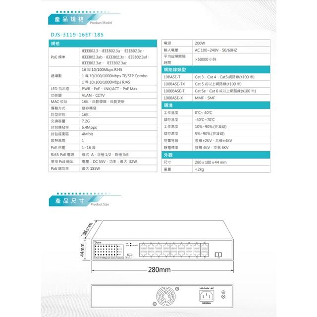 昌運監視器 DJS-3119-16ET-185 16埠 10/100Mbps FE PoE 網路交換器 交換機-細節圖2
