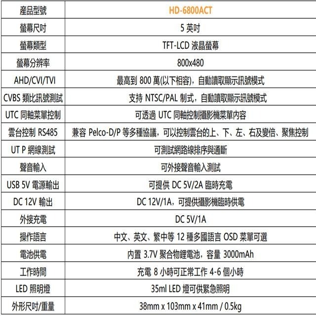 昌運監視器 HD-6800ACT 5吋 800萬 手挽帶式 工程寶 監視器測試 (以新款HD-2950ACT出貨)-細節圖8