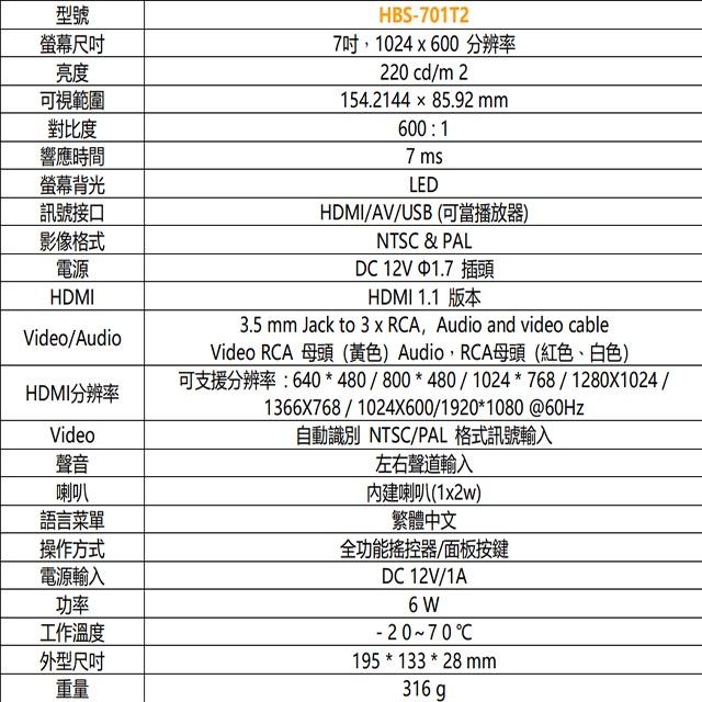 昌運監視器 HBS-701T2 7吋 電視多功能液晶顯示螢幕 1080P 60FPS 內建1500mAh電池-細節圖8
