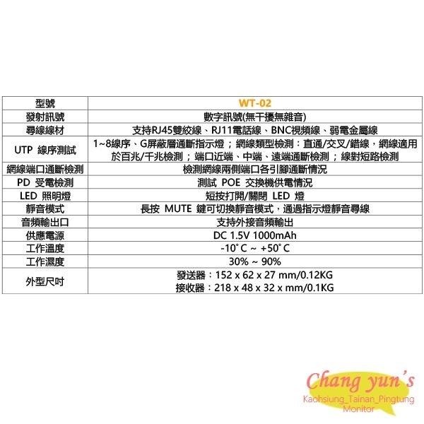 昌運監視器 WT-02 多功能尋線器 網路線 同軸線 電話線 線路測試 查線儀 短路斷線(以升級款替代出貨)-細節圖7