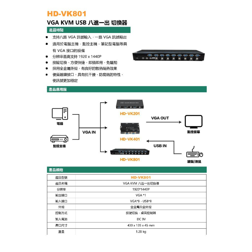 昌運監視器 HD-VK801 八進一出 VGA KVM切換器-細節圖5