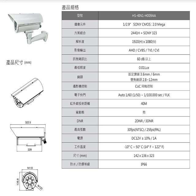 昌運監視器 昇銳 HS-4IN1-H009AA 500萬 手動變焦2.8-12mm 紅外線防護罩攝影機(以新款出貨)-細節圖2