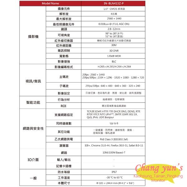 昌運監視器 IN-BLN413Z-P ICATCH可取 H.265 4MP 網路攝影機 管型 監視器 請來電洽詢-細節圖2