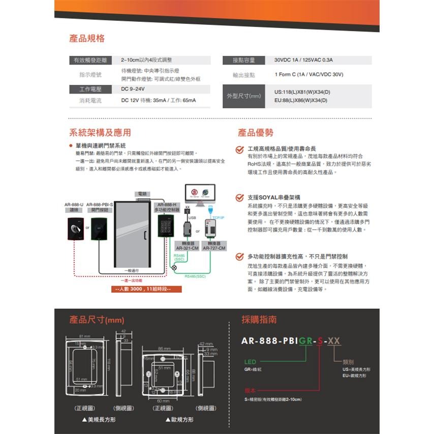 昌運監視器 SOYAL AR-888-PBI-S 美規 嵌入式紅外線開門按鈕 開關 雙色LED-細節圖3