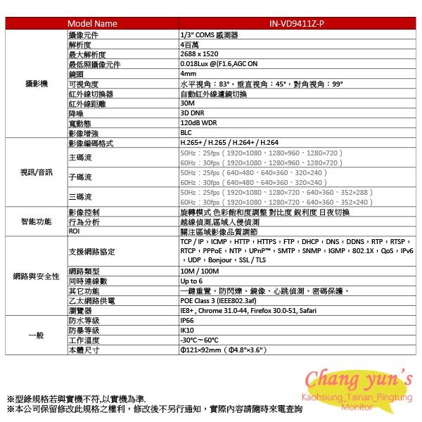 昌運監視器 IN-VD9411Z-P ICATCH可取 4MP IPCAM 網路攝影機 半球監視器-細節圖2