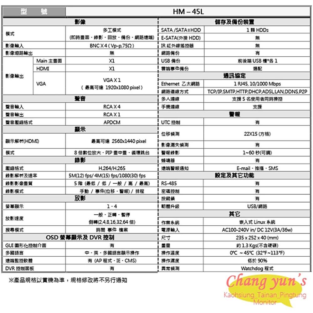 昌運監視器 送1TB環名監視器組合HM-NT45L錄影主機+HM-M1 200萬 攝影機*4-細節圖3