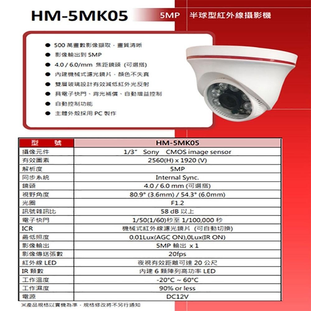 昌運監視器 送1TB環名監視器組合HM-NT45L 4路錄影主機+HM-5MK05 500萬 攝影機*4-細節圖2