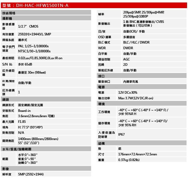 昌運監視器 大華監視器套餐 DH-XVR5104HS-I3 主機 DH-HAC-HFW1500TN-A 攝影機*1-細節圖2