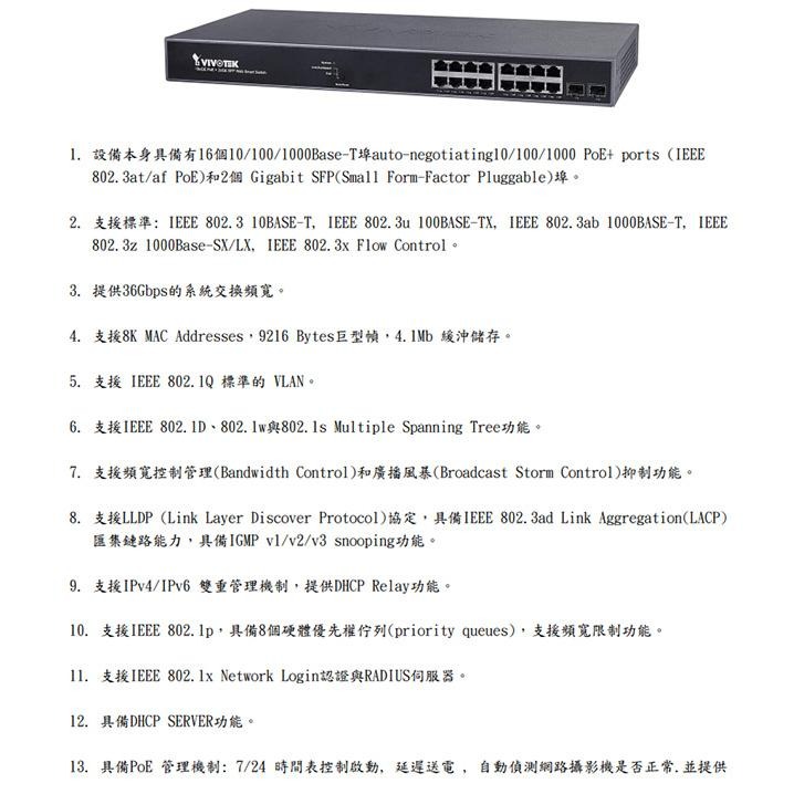 昌運監視器 VIVOTEK 晶睿 AW-GEV-184B-250 16Port 智慧網管型 16路PoE 交換器請來電洽-細節圖2